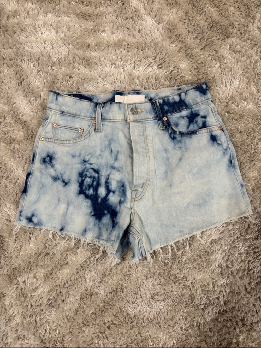 MOTHER Bleached Light Blue and Navy Tie-Dye Denim Shorts